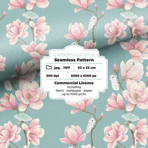 Seamless Magnolia Moth Pattern | Hand Drawn Floral Illustration (Commercial License) | Grand scale repeat 53cm 20,8 inch