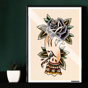 American Traditional Tattoo Old School Artwork Flash Print Hand Rose A5 A4 A3