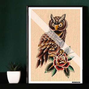 Oeuvre d'art old school tatouage traditionnel américain impression flash hibou rose A5 A4 A3