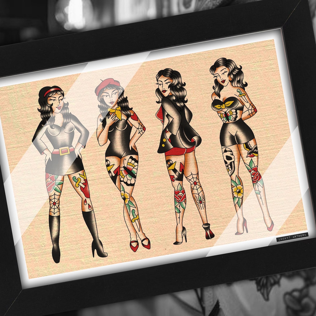 American Traditional Tattoo Pin up Old School Artwork Flash Print A5 A4 ...