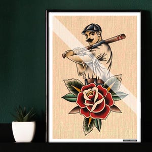 American Traditional Tattoo Old School Artwork Flash Print Baseball American Gentleman Player Softball Rose A5 A4 A3
