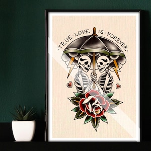 Valentines Day Tattoo Art Print Romantic Couple Love American Traditional Tattoo Artwork Flash Print A4 A3
