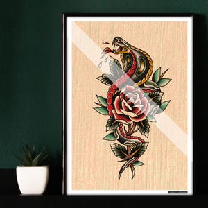 American Traditional Tattoo Old School Artwork Flash Print Cobra Snake Rose A5 A4 A3