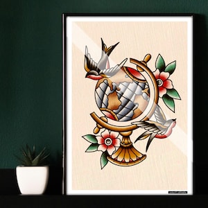 American Traditional Tattoo Old School Artwork Flash Print Atlas Globe Swallows A5 A4 A3