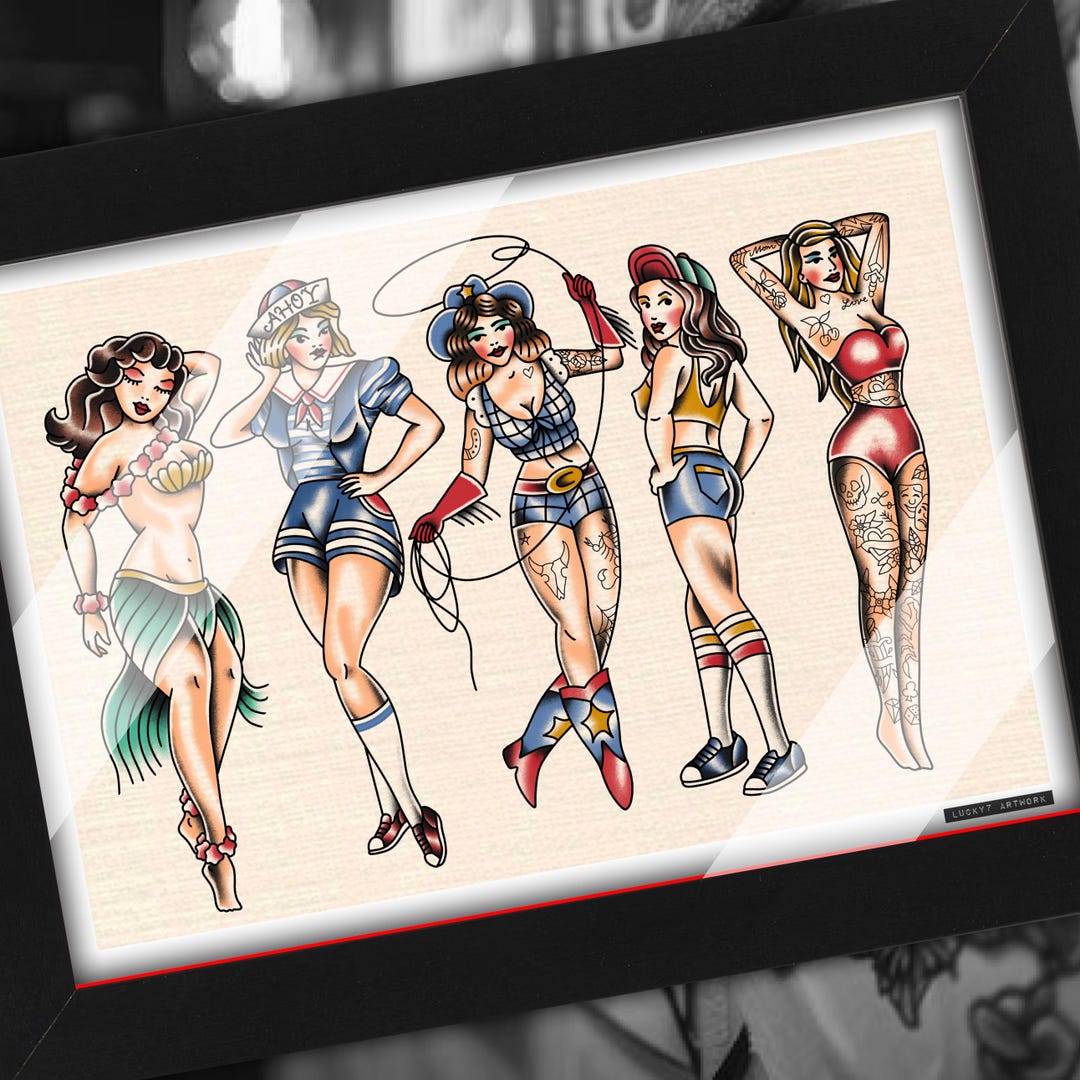 American Traditional Tattoo Pin up Old School Artwork Flash Print A5 A4 ...