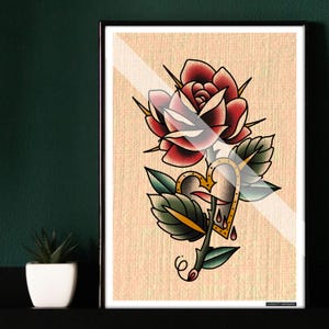 American Traditional Tattoo Old School Artwork Flash Print Heart Locket Rose A5 A4 A3
