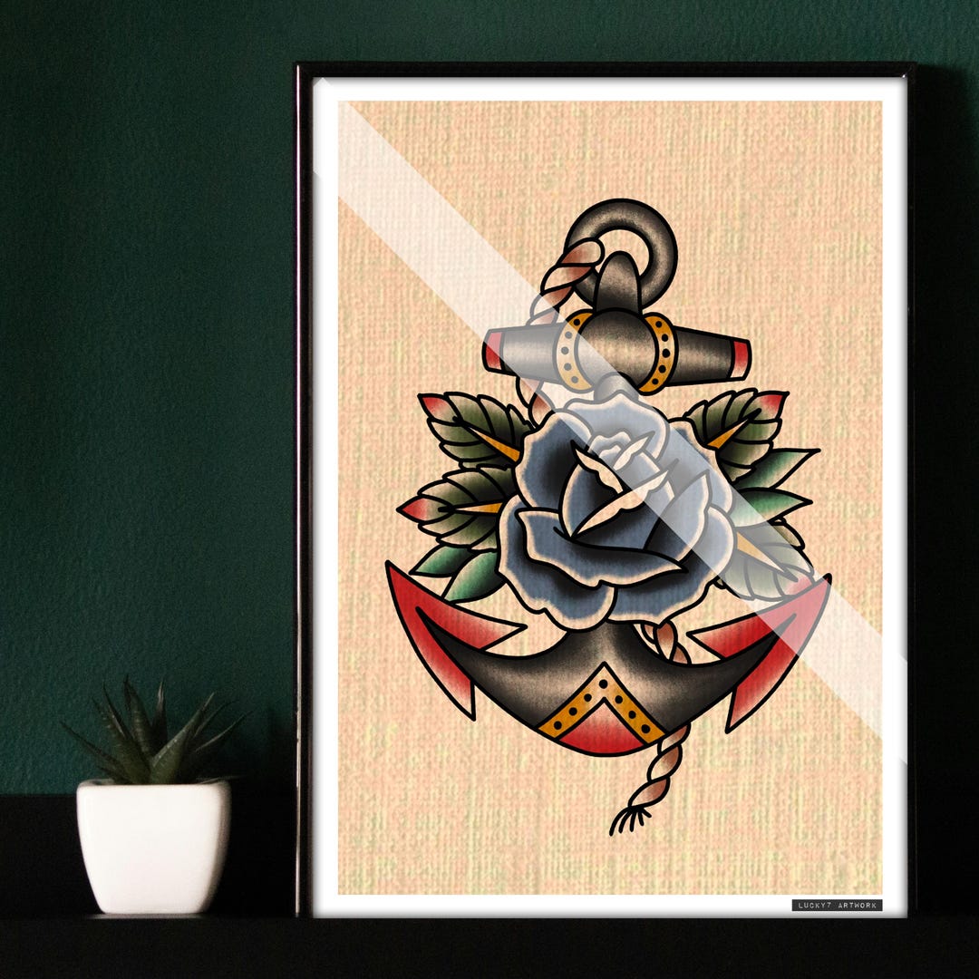 American Traditional Tattoo Old School Artwork Flash Print Anchor Rose ...