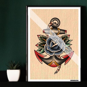 American Traditional Tattoo Old School Artwork Flash Print Anchor Rose A5 A4 A3