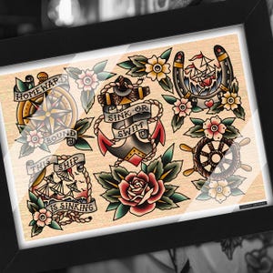 American Traditional Tattoo Sailor Nautical Old School Artwork Flash Print A5 A4 A3