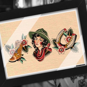 American Traditional Tattoo Country Western Cowgirl Artwork Flash Print A5 A4 A3