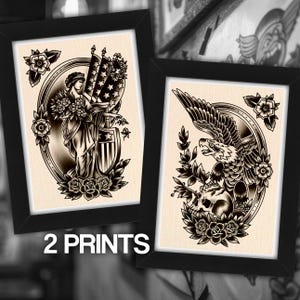 American Traditional Tattoo Black & Grey Gray Artwork Set Pair Flash Print A5 A4 A3