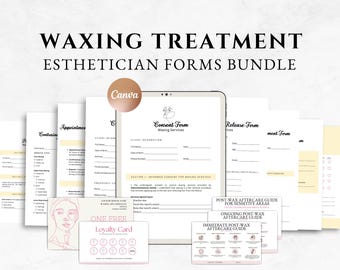May include: A bundle of printable forms for estheticians, including a consent form, release form, appointment form, and aftercare guides. The forms are designed in a minimalist style with a pink and gold color scheme. The bundle also includes a loyalty card.