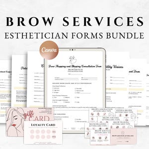 May include: A set of printable forms for brow services, including a consultation form, a waiver, and aftercare tips. The forms are designed in a minimalist style with a pink and white color scheme. The set also includes a loyalty card and a gift card.