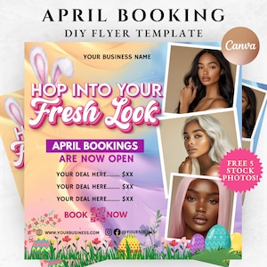 May include: A flyer advertising April booking openings for a beauty salon or spa. The flyer features a pastel pink and blue background with Easter-themed graphics, including bunny ears and eggs. The text "HOP INTO YOUR Fresh Look" is in a pink and white font. The flyer also includes the text "APRIL BOOKINGS ARE NOW OPEN" and "BOOK NOW".