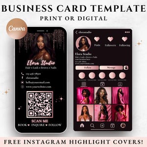 Cartes de visite Instagram QR Code modifiable Modèle de carte de visite bricolage Canva Carte de visite numérique Carte d'esthéticienne imprimable