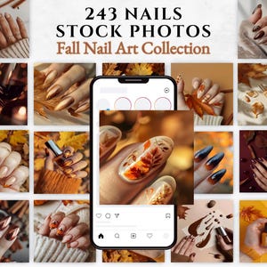May include: A collection of nail art stock photos featuring fall-themed designs. The images showcase various nail styles with autumn leaf patterns, warm colors, and metallic accents. The text "243 NAILS STOCK PHOTOS Fall Nail Art Collection" is displayed.