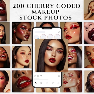 May include: A collage of images featuring various models with cherry-themed makeup looks. The images are arranged in a grid format and include a social media post with the text "200 CHERRY CODED MAKEUP STOCK PHOTOS".