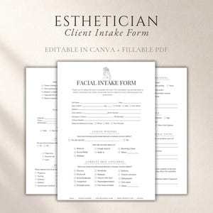 Peut inclure: Un formulaire d'admission client pour esthéticienne sur papier blanc avec du texte noir, comprenant des sections pour les informations personnelles, l'historique du client et les préoccupations cutanées. Modifiable via Canva et PDF.