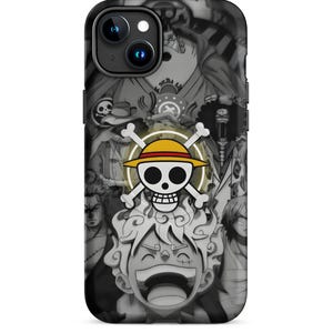 May include: Black and white phone case featuring a collage of anime characters. The case prominently displays a skull and crossbones logo with a yellow hat, surrounded by various character illustrations. The design is detailed and eye-catching.