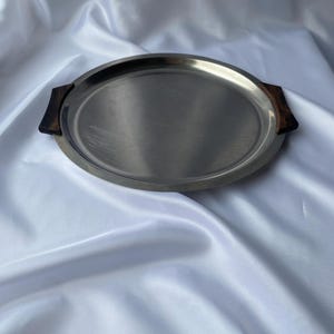 Mid-Century Modern Stainless Steel Serving Tray with Teak Handles