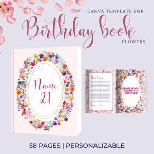 Floral Personal Birthday Book Canva Template | 54 Pages | Easy Drag-and-Drop Design for Photos & Text (Canva Pro Required)