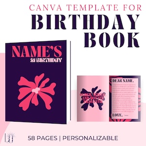 Navy / Pink Birthday Book Canva Template | 58 Pages | Easy Drag-and-Drop Design for Photos & Text (Canva Pro Required)