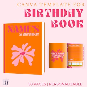 Orange / Pink Personal Birthday Book Canva Pro Template | 58 Pages | Easy Drag-and-Drop Design for Photos & Text