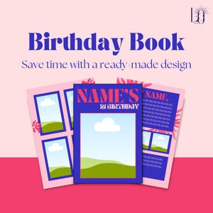 Blue / Pink Birthday Book Canva Template | 58 Pages | Easy Drag-and-Drop Design for Photos & Text (Canva Pro Required)