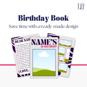 Grey / Navy / Pink Personal Birthday Book Canva Template | 58 Pages | Easy Drag-and-Drop Design for Photos & Text (Canva Pro Required)