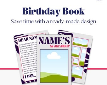 May include: A printable birthday book template with a zebra print design. The cover features the text "NAME'S 21 BIRTHDAY" in pink and black text. The inside pages have a space for a photo and a message.