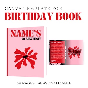 Rosa / Rote Geburtstags-Buch-Vorlage | 59 Seiten | Einfaches ziehen-an-Drop-Design für Fotos & Text (Canva Pro erforderlich)