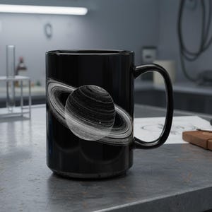 Könnte beinhalten: Schwarze Keramik-Tasse mit einer Graustufen-Illustration von Saturn und seinen Ringen. Das Design umschließt die Tasse und erzeugt einen Kontrast zum dunklen Hintergrund. Die Tasse hat einen großen Griff. Ideal für Weltraum-Enthusiasten.