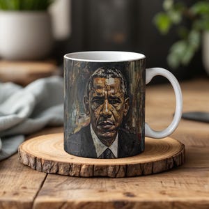 May include: White ceramic coffee mug featuring a portrait of a man in a suit and tie. The portrait is painted in a dark, textured style with a focus on the subject's face. The mug is set on a wooden coaster.