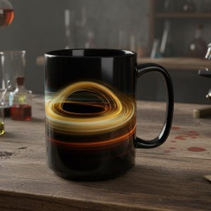 Könnte beinhalten: Schwarze Kaffeetasse mit einem wirbelnden Design eines schwarzen Lochs, mit orangefarbenen und gelben Lichtmustern. Die Tasse hat einen großen Henkel und steht auf einer Holzoberfläche.