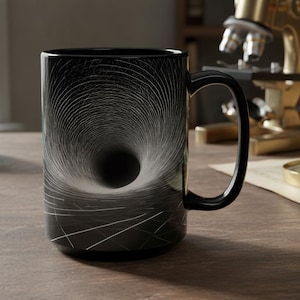 Peut inclure: Mug en céramique noire avec un motif de vortex tourbillonnant blanc et gris. La tasse a une anse noire et une finition brillante. Le design crée une illusion d'optique d'un trou profond.