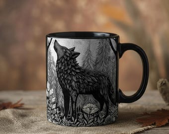 Wolf Mug, Halloween Forestcore Coffee Cup, Whimsical Woodland Creature Design, Black and White 15oz Ceramic Mug, Nature Lover Gift, Linocut