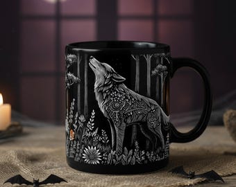 Wolf Mug, Halloween Forestcore Coffee Cup, Whimsical Woodland Creature Design, Black and White 15oz Ceramic Mug, Nature Lover Gift, Linocut