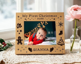 Personalised Baby's First Christmas Photo Frame, Custom Newborn Keepsake, Wooden Baby Name Frame, First Xmas Gift for Baby, Nursery Decor