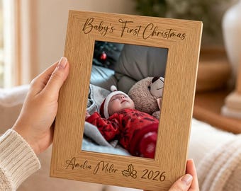 Personalized Baby's First Christmas Photo Frame, Custom Wooden Holiday Keepsake, Xmas Gift for Baby, Nursery Decor, New Parents Gift
