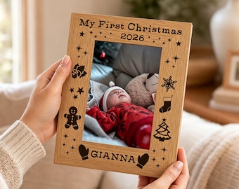 Personalised Wooden Baby's First Christmas Photo Frame, Custom Newborn Keepsake, Wooden Baby Name Frame, Family Photo Gift, First Xmas Gift