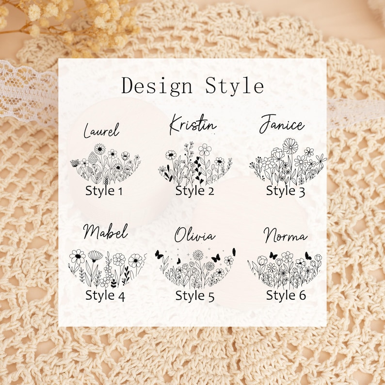 May include: Six different floral designs with names and the text "Design Style" above them. The designs are labeled "Style 1" through "Style 6".