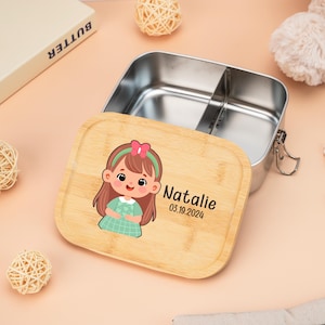 Personalisierte Lunchbox mit Namen,Benutzerdefinierte Lunchbox für Sie und Ihn,Edelstahl Brot Box,Holzdeckel Snackbox,Lebensmittelbehälter,Kindergarten