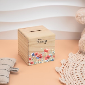 Money Box Girl, Money Box Personalized, Money Box Wood, Money Box Flowers, Piggy Bank Child, Baptism Gift Girl, Savings Bank, Nursery Decor