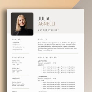 May include: A resume for Julia Agnelli, an astrophysicist. The resume includes contact information, education, work experience, languages, and skills. The resume is formatted with a white background and black text.