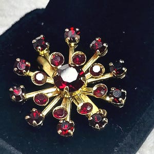 Könnte beinhalten: Ein goldfarbener Ring mit einem großen, runden, tiefroten Edelstein in der Mitte, umgeben von einer sternförmigen Anordnung kleinerer, runder, tiefroter Edelsteine, die auf einzelnen, strahlenförmigen Metallstiften sitzen.
