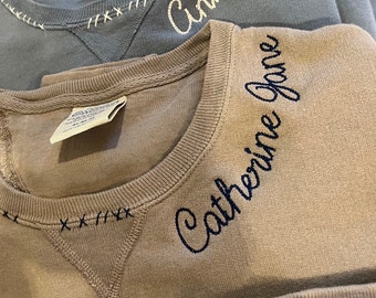 Embroidered Distressed Neck Sweatshirt, Custom Chain Stitched Embroidered Crewneck