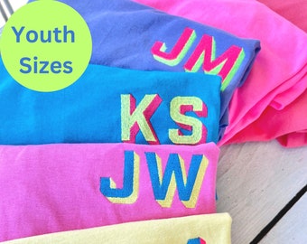 Youth Neon Shadow Block Monogram T-Shirt, Kids Neon Embroidered Monogram Shirt, Modern Monogram, Summer Camp T-Shirt