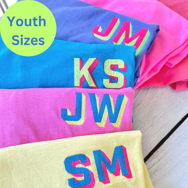 Youth Neon Shadow Block Monogram T-Shirt, Kids Neon Embroidered Monogram Shirt, Modern Monogram, Summer Camp T-Shirt