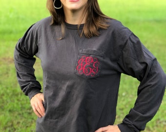 Super Comfy Comfort Colors Long Sleeve Monogram Shirt for Women, Monogrammed Pocket Long Sleeve Tee
