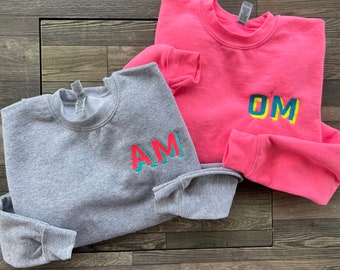 Youth Neon Shadow Block Monogram Sweatshirt, Kids Neon Embroidered Monogram Shirt, Modern Monogram